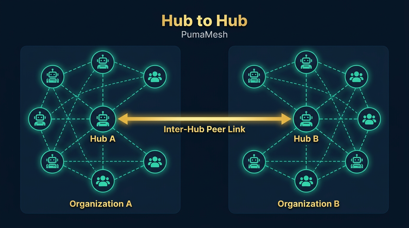 Diagram showing two separate PumaMesh organizations exchanging data through an encrypted mesh path without merging networks.
