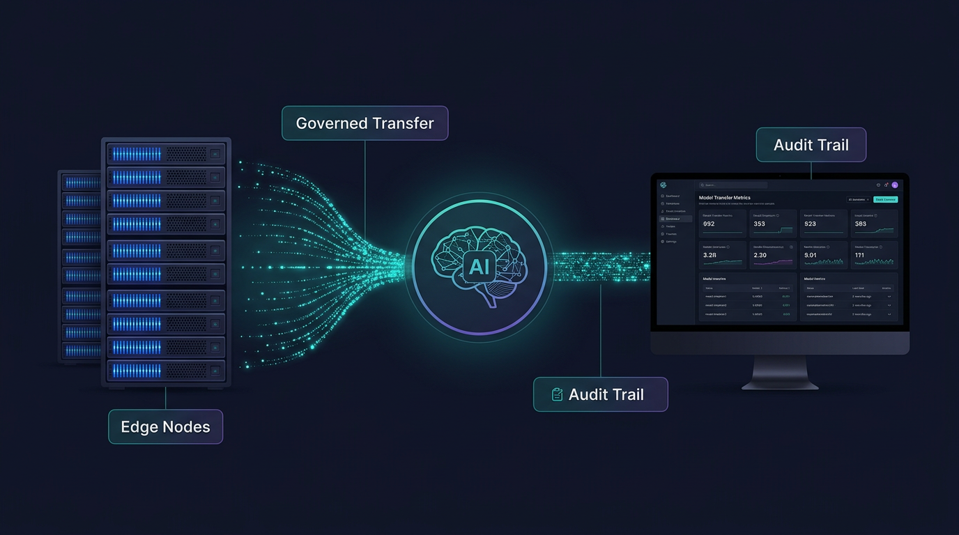 AI data pipeline illustration: edge nodes flowing through a neural network brain into a governed dashboard on a dark navy background