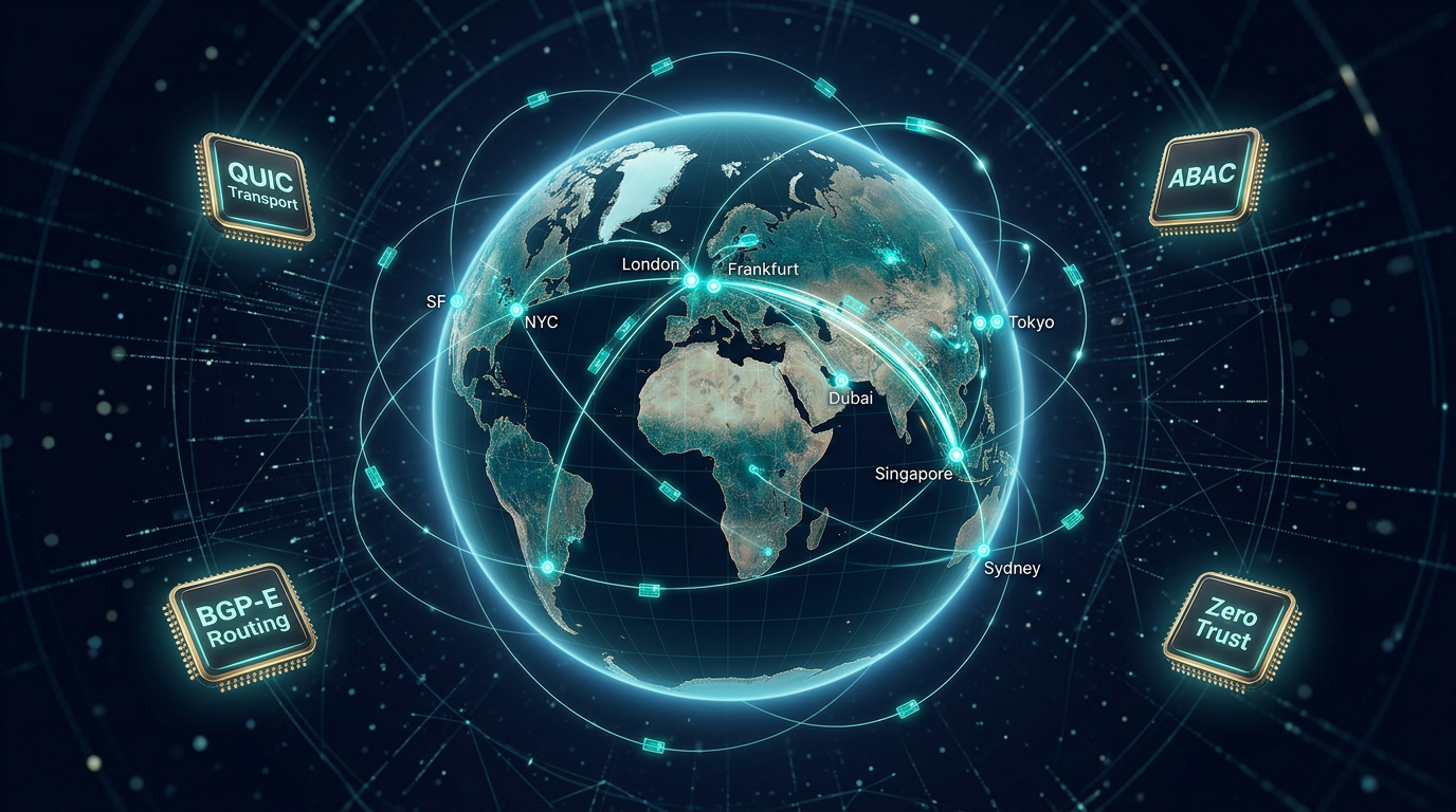 Global mesh networking globe with BGP-E routing, QUIC transport, and Zero Trust node connections across continents on a dark navy background