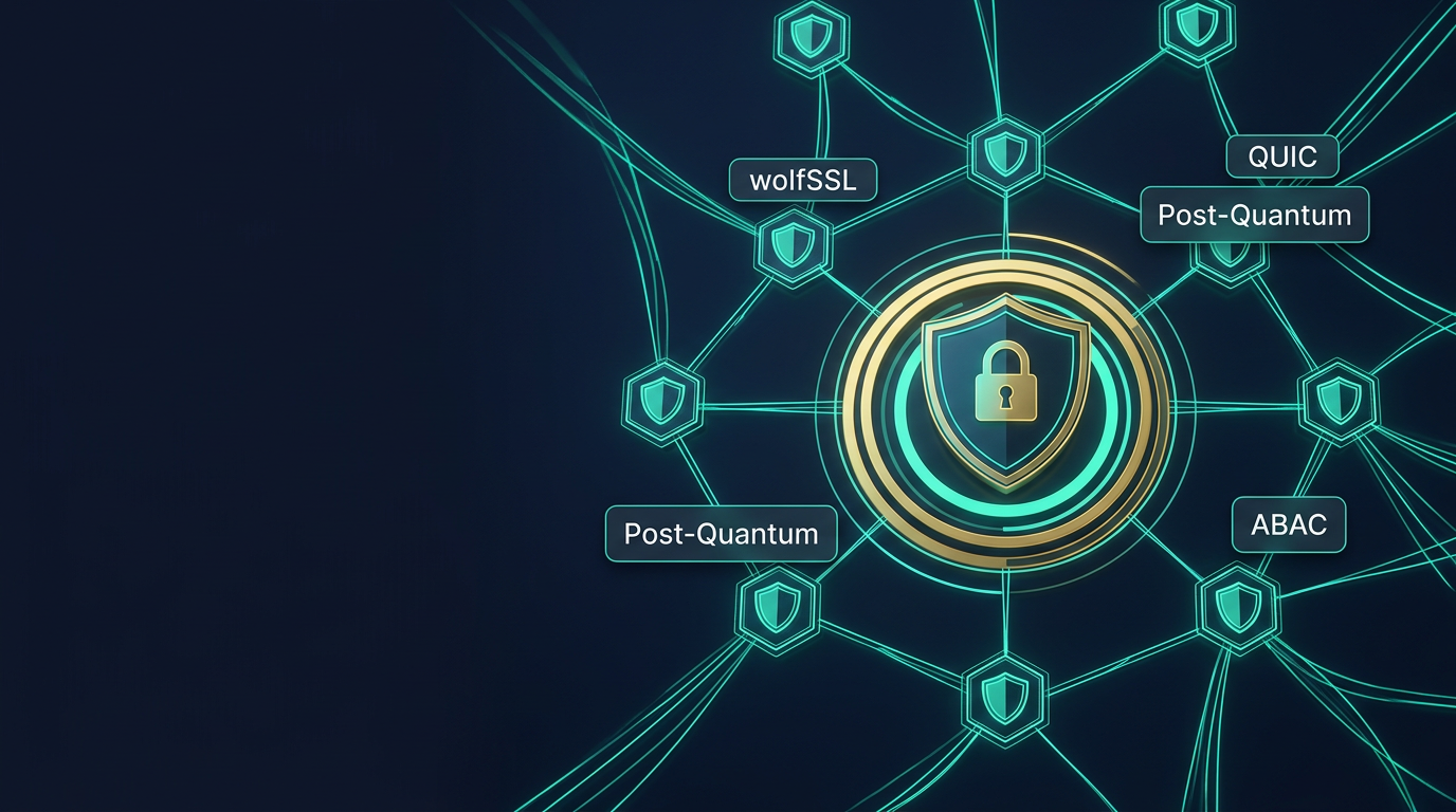 Glowing hexagonal shield mesh with post-quantum encryption labels on a dark navy background