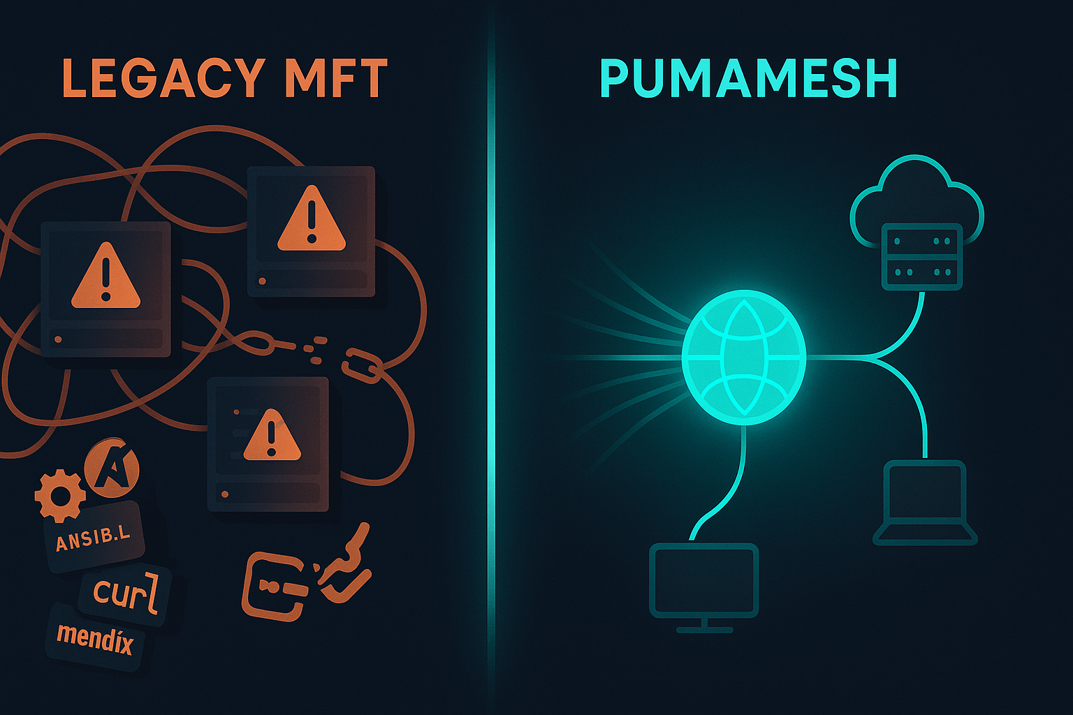 Split-screen comparison: chaotic legacy MFT with tangled cables on the left versus clean PumaMesh teal mesh on the right