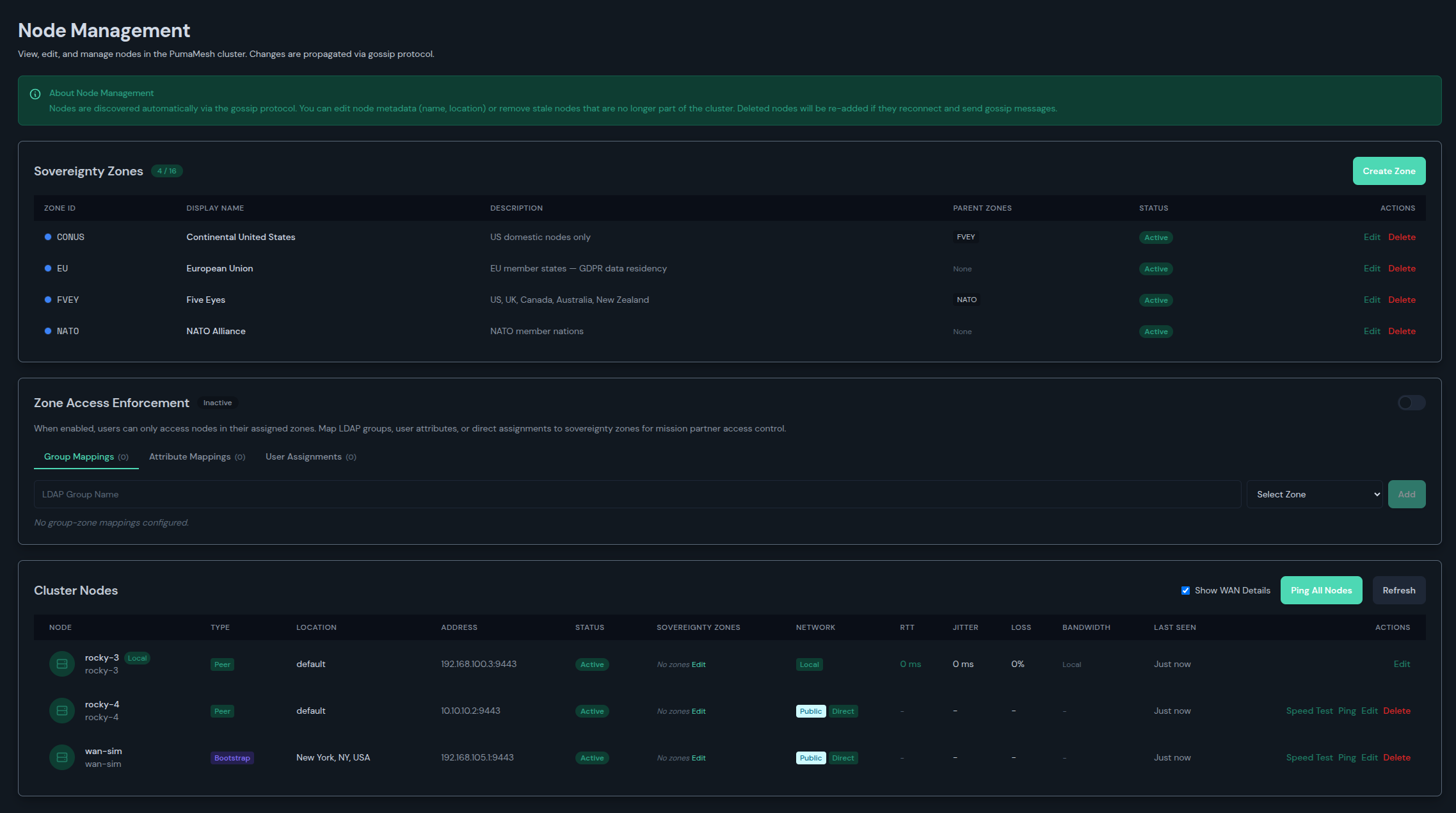 Node management with sovereignty zones and cluster node status